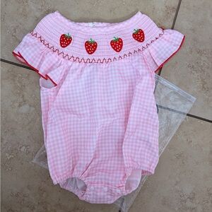 Pink Gingham Baby Romper with Strawberry Embroidery